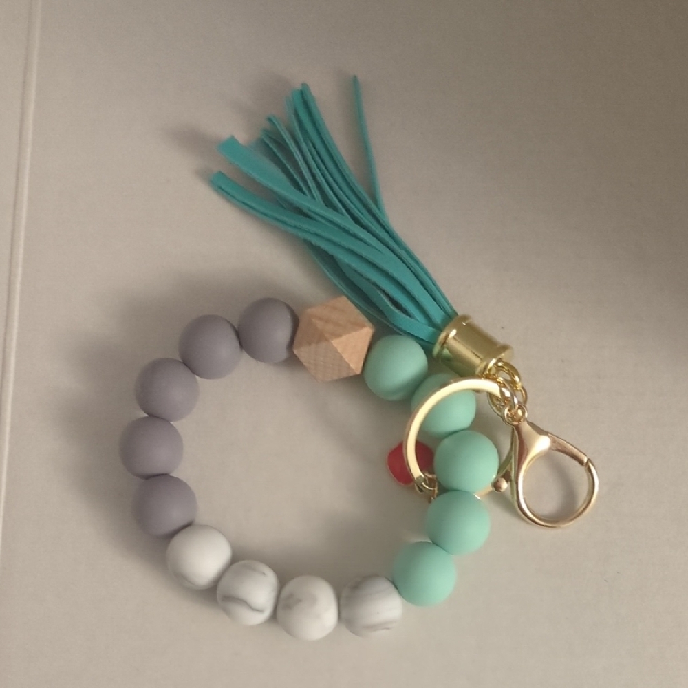 Mint and Gray Thank You Teacher Beaded Keychain Bracelet with Gold Clasp